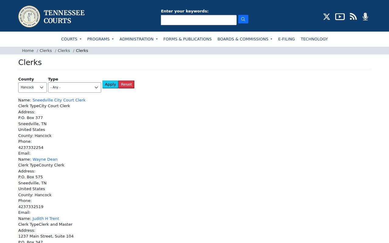Tennessee court docket routing through the statewide AOC clerk directory