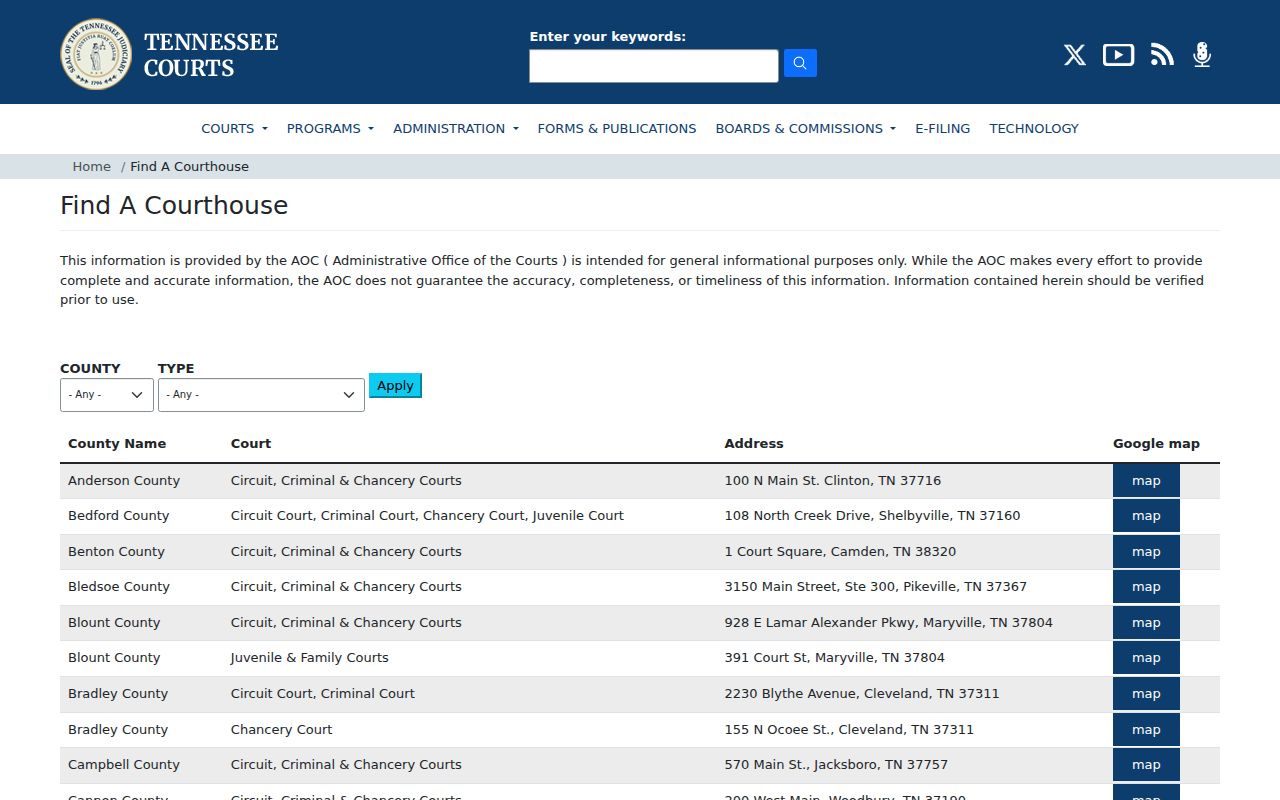 Tennessee court system: statewide courthouse location finder