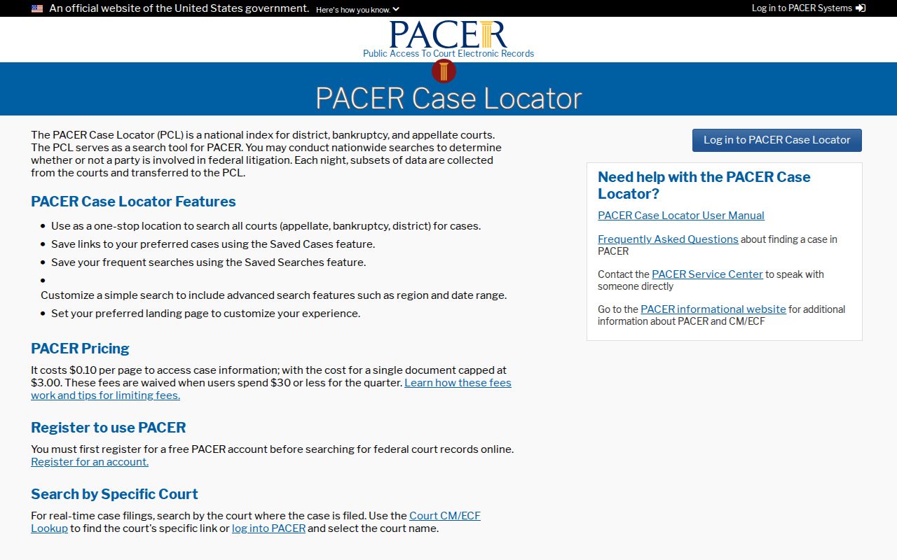 Tennessee court docket guide showing the separate federal case search index