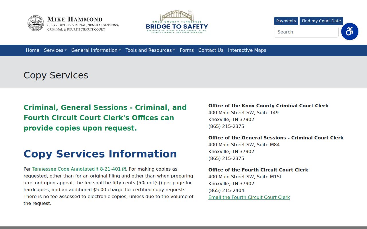 Tennessee court records: local copy and certification fee example