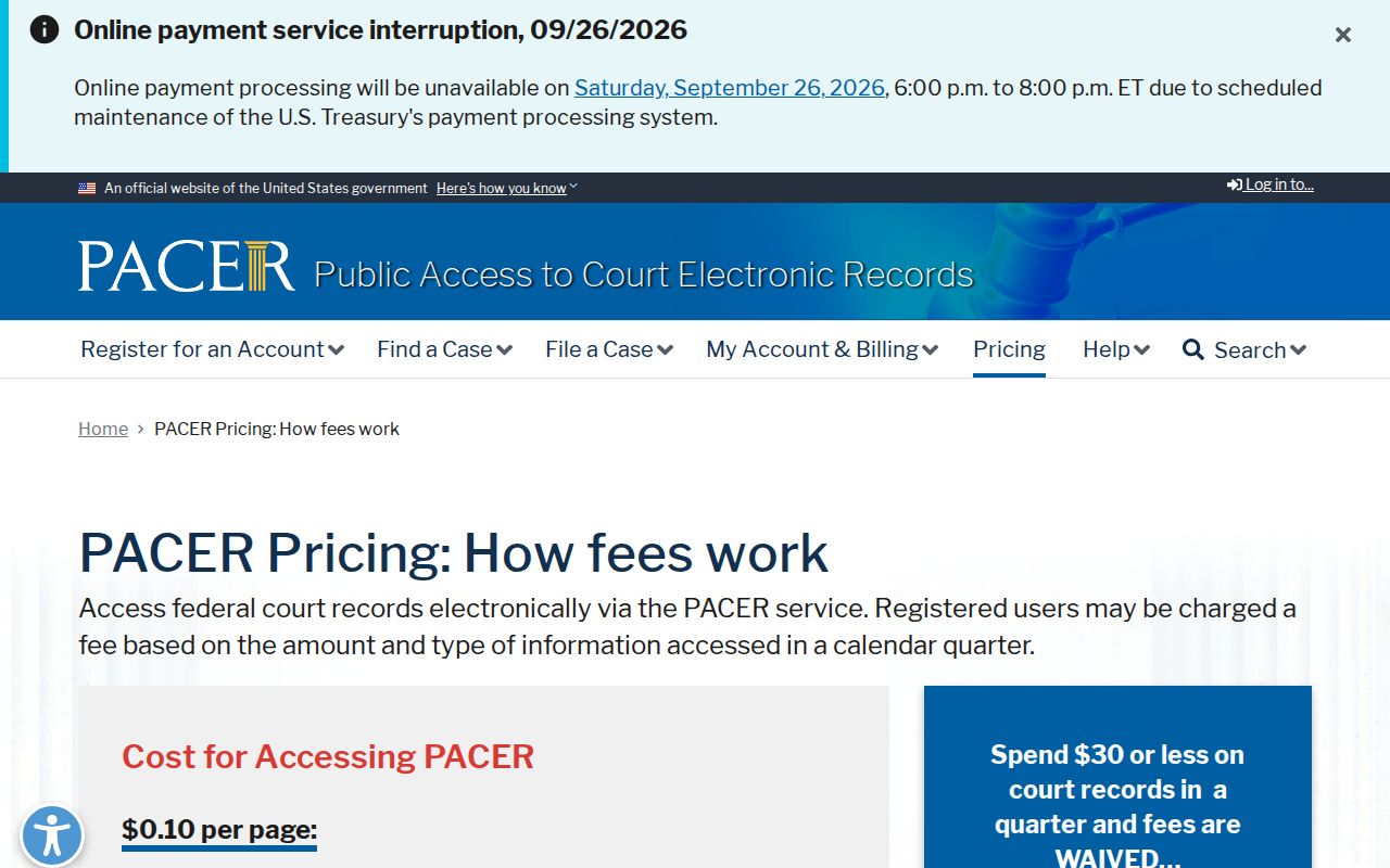 Tennessee court records: federal PACER pricing and fee-waiver information