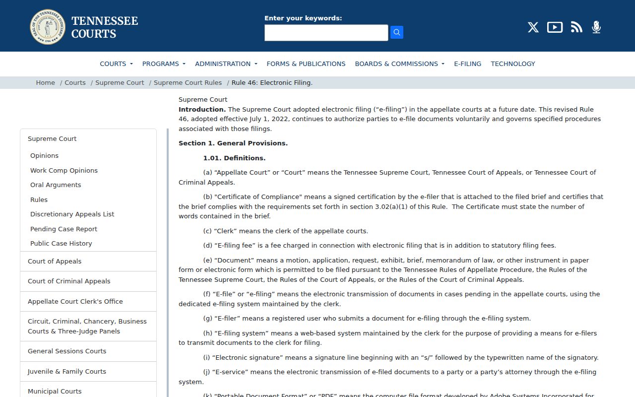 Tennessee court system: appellate Rule 46 electronic filing framework