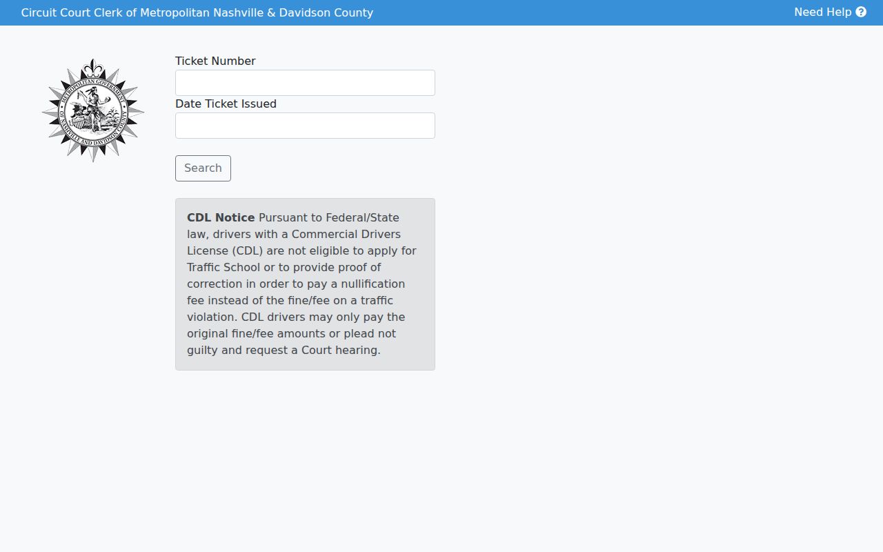 Tennessee traffic court ticket number and issue date search fields